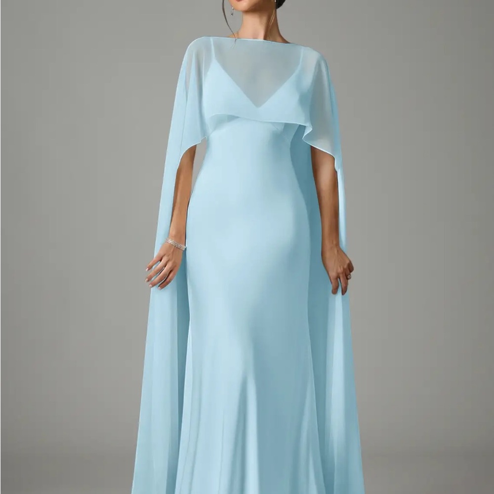 Sky Blue Azazie Cape-Back Evening Dress in style Stefania